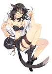  animal_ears black-framed_eyewear black_bikini_top black_footwear black_hair black_shorts boots breasts cat_ears cat_tail cleavage collarbone final_fantasy final_fantasy_xiv full_body glasses green_eyes heterochromia high_heel_boots high_heels highres jacket long_hair looking_at_viewer medium_breasts miqo'te off_shoulder open_clothes open_jacket purple_eyes short_shorts shorts simple_background slit_pupils solo tail tongue tongue_out white_background yana_mori 