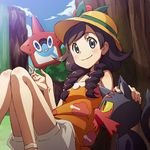  black_hair braid cloud day gen_4_pokemon gen_7_pokemon hat litten long_hair lowres mizuki_(pokemon) nanashi_(soregashi) orange_shirt pokedex pokemon pokemon_(creature) pokemon_(game) pokemon_usum rotom rotom_dex shirt shorts sitting sky smile sun_hat tank_top twin_braids white_shorts 