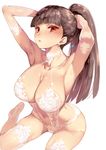  arched_back armpits arms_up bangs blunt_bangs blush breasts brown_hair choker cleavage collarbone eyebrows_visible_through_hair lace lace_trim large_breasts lingerie long_hair navel original parted_lips ponytail red_eyes saburou_(hgmg) see-through simple_background solo thighhighs thighs tsurime tying_hair underwear very_long_hair white_background white_legwear 