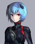  arms_at_sides ayanami_rei bangs black_bodysuit blue_hair bodysuit breasts breasts_apart closed_mouth evangelion:_3.0_you_can_(not)_redo expressionless grey_background hankuri headgear long_sleeves looking_at_viewer medium_breasts neon_genesis_evangelion parted_bangs plugsuit rebuild_of_evangelion red_eyes short_hair simple_background skin_tight solo turtleneck upper_body 