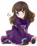  bangs black_legwear blue_eyes blunt_bangs blush bow bowtie brown_hair dress eyebrows_visible_through_hair gothic_lolita hairband head_tilt highres juliet_sleeves kurosu_aroma lolita_fashion long_hair long_sleeves looking_at_viewer no_shoes pantyhose pretty_(series) pripara puffy_sleeves purple_bow purple_dress purple_hairband purple_neckwear sekina simple_background solo tsurime v_arms wavy_mouth white_background 