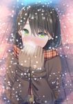  blush brown_gloves brown_hair coat gloves green_eyes heavy_breathing long_hair looking_at_viewer original scarf snow solo symfo winter_clothes winter_coat 