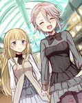  ange_(princess_principal) blonde_hair blue_eyes blush bow bowtie braid breasts closed_eyes dutch_angle grey_hair highres holding_hands long_hair multiple_girls pantyhose piripun princess_(princess_principal) princess_principal short_hair sketch small_breasts smile yuri 