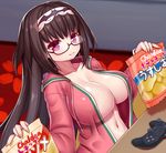  asamura_hiori bag_of_chips black_hair blush breasts brown_hair chips cleavage commentary_request controller fate/grand_order fate_(series) food game_controller glasses hairband highres holding hood hoodie large_breasts long_hair looking_at_viewer open_clothes open_hoodie open_mouth osakabe-hime_(fate/grand_order) parted_lips playstation_controller potato_chips purple_eyes red-framed_eyewear semi-rimless_eyewear smile solo under-rim_eyewear very_long_hair 