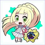  backpack bag blonde_hair chibi cosmoem gen_7_pokemon green_eyes kingin lillie_(pokemon) long_hair open_mouth pokemon pokemon_(creature) pokemon_(game) pokemon_sm ponytail shirt short_sleeves skirt star white_footwear white_shirt white_skirt 