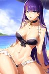  arm_support bangs bare_arms bare_shoulders beach bikini bird black_bikini black_choker blue_eyes blue_sky blunt_bangs blush breasts choker cloud cross cross_necklace day earrings eyebrows_visible_through_hair fate/grand_order fate_(series) frilled_bikini frills highres jewelry large_breasts long_hair looking_at_viewer navel necklace ocean outdoors parasol parted_lips purple_hair saint_martha saint_martha_(swimsuit_ruler)_(fate) sand seagull sitting sky smile solo suurin_(ksyaro) swimsuit umbrella very_long_hair water 