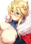  artoria_pendragon_(all) artoria_pendragon_(lancer) blonde_hair blush breasts cape cleavage commentary crown cum cum_on_body cum_on_breasts cum_on_hair cum_on_upper_body deep_skin facial fate/grand_order fate_(series) fur_trim green_eyes hair_between_eyes highres huge_breasts mature nipples paizuri parted_lips penis red_cape sidelocks solo_focus tro upper_body 