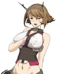  a1 arm_behind_back bangs black_skirt blush breasts brown_eyes brown_hair collar flipped_hair gloves hair_between_eyes hand_under_clothes headgear kantai_collection large_breasts looking_at_viewer midriff miniskirt mutsu_(kantai_collection) naughty_face navel pleated_skirt self_fondle short_hair simple_background sketch skirt solo striped striped_skirt tongue tongue_out upper_body white_background white_gloves 