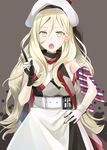  armband belt beret blonde_hair dress gloves hat highres kantai_collection long_hair mole mole_under_eye multicolored multicolored_clothes multicolored_gloves multicolored_scarf open_mouth pom_pom_(clothes) richelieu_(kantai_collection) scarf solo strapless strapless_dress white_dress yellow_eyes yunamaro 
