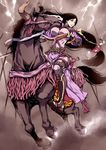  absurdres black_hair breasts commentary_request covered_navel fake_horns fate/grand_order fate_(series) highres horse horseback_riding katana large_breasts long_hair low-tied_long_hair minamoto_no_raikou_(fate/grand_order) nanafuku purple_eyes riding sword unsheathed very_long_hair weapon 