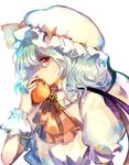  apple ascot bat_wings blue_hair commentary food from_side fruit hat looking_at_viewer looking_to_the_side mob_cap profile puffy_short_sleeves puffy_sleeves red_eyes remilia_scarlet shirt short_sleeves solo touhou upper_body vima wavy_hair white_shirt wings wrist_cuffs 