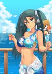  :q aqua_hair asymmetrical_clothes bare_arms bare_shoulders bikini bikini_top blue_bikini blue_eyes blue_sky blush breasts cleavage closed_mouth cloud collarbone cowboy_shot cup day drinking_glass floral_print food hair_between_eyes hair_ribbon highres holding holding_cup holding_spoon horizon ice_cream isuzu_(kantai_collection) jpeg_artifacts kantai_collection large_breasts long_hair looking_at_viewer navel ocean outdoors parfait railing ribbon sarong single_strap sky solo soushou_nin spoon standing stomach sundae swimsuit tongue tongue_out tsurime twintails very_long_hair waffle water white_ribbon 