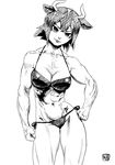  &gt;:) abs animal_ears arm_at_side aurochs_(kemono_friends) bare_arms bare_legs bare_shoulders bikini breasts cleavage clenched_hands closed_mouth collarbone commentary_request cow_ears cowboy_shot greyscale hand_on_hip head_tilt highres hips horns kemono_friends kishida_shiki lips medium_breasts monochrome muscle muscular_female navel short_hair side-tie_bikini side-tie_bottom simple_background smile solo standing stomach swimsuit v-shaped_eyebrows veins 