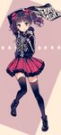  arm_up arms_behind_back babymetal bangs black_gloves black_legwear blush boots brown_hair commentary fingerless_gloves frills full_body gloves hiten_(hitenkei) holding hood hoodie kikuchi_moa long_hair looking_at_viewer simple_background skirt solo thighhighs tongue tongue_out twintails zettai_ryouiki 