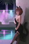  animal_ears bare_arms bare_shoulders black_dress blush breasts breasts_apart brown_eyes brown_hair cat_ears cat_girl cat_tail dress dress_pull exhibitionism fang feet_out_of_frame from_side grey_legwear highres looking_at_viewer looking_to_the_side medium_breasts night nipples no_bra one_breast_out original outdoors paintrfiend palm_tree parted_lips pool pulled_by_self smile solo_focus standing tail thighhighs topless tree undressing 