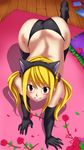  1girl all_fours animal_ears ass bare_shoulders black_legwear blonde_hair blush brown_eyes butt_crack cat_ears elbow_gloves fairy_tail female gloves hairband heart looking_at_viewer lucy_heartfilia panties planeptune smile solo thighhighs twintails 