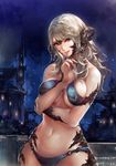  artist_name au_ra bare_shoulders breasts bridge castle dated final_fantasy final_fantasy_xiv green_eyes grey_hair grin highres horns large_breasts long_hair looking_at_viewer navel night outdoors revealing_clothes scales smile solo windforcelan 