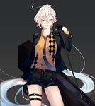 ahoge alternate_costume belt case coat commentary_request formal girls_frontline gloves half_gloves long_hair looking_at_viewer necktie odeng_touken pkp_(girls_frontline) ponytail solo thigh_strap tsurime very_long_hair white_hair yellow_eyes 