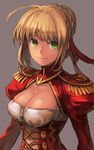  ahoge bangs braid breasts cleavage cleavage_cutout closed_mouth dress epaulettes fate/extra fate_(series) green_eyes hair_bun hair_ribbon hankuri juliet_sleeves large_breasts long_sleeves looking_at_viewer nero_claudius_(fate) nero_claudius_(fate)_(all) puffy_sleeves purple_background red_dress red_ribbon ribbon simple_background smile solo upper_body 