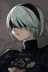  black_blindfold black_dress blindfold cleavage_cutout covered_eyes dress facing_viewer hairband hankuri juliet_sleeves long_sleeves nier_(series) nier_automata parted_lips portrait puffy_sleeves short_hair silver_hair solo upper_body yorha_no._2_type_b 
