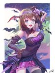  armpits bare_shoulders bat bat_wings black_gloves blue_eyes blush breasts brown_hair cleavage commentary_request demon_tail dress elbow_gloves flower gloves hair_flower hair_ornament hairband hand_on_hip head_wings highres idolmaster idolmaster_cinderella_girls korean_commentary large_breasts long_hair looking_at_viewer oz_(gerbera7) partial_commentary sagisawa_fumika solo tail wings 