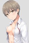  androgynous bangs blush breasts brown_eyes brown_hair collarbone dress_shirt expressionless grey_background hashi head_tilt long_sleeves looking_at_viewer medium_breasts navel no_bra open_clothes open_shirt original parted_lips red_neckwear shiny shiny_hair shirt short_hair simple_background solo stomach unbuttoned unbuttoned_shirt upper_body white_shirt 