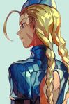  ahoge arm_belt blonde_hair blue_background blue_eyes braid cammy_white closed_mouth facial_scar from_behind hankuri hat long_hair long_sleeves scar scar_on_cheek simple_background solo street_fighter street_fighter_zero_(series) twin_braids upper_body 