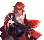  granblue_fantasy hair_over_one_eye itefu jewelry looking_at_viewer male_focus necklace off_shoulder pectorals percival_(granblue_fantasy) red_hair robe simple_background sitting solo undressing white_background 