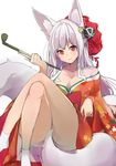  animal_ears breasts cleavage commentary_request crossed_legs fox_ears fox_girl fox_tail highres japanese_clothes kimono large_breasts long_hair mole mole_under_eye off_shoulder original purple_hair red_eyes sitting socks solo tail tail_censor waichi white_legwear 