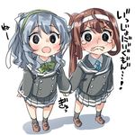  @_@ ahoge asagumo_(kantai_collection) bad_id bad_twitter_id bangs black_legwear blue_eyes blush bow bowtie brown_footwear brown_hair commentary ebifurya eyebrows_visible_through_hair full_body green_hairband green_neckwear grey_skirt hairband highres holding_hands inactive_account kantai_collection long_hair long_sleeves looking_at_viewer mary_janes multiple_girls open_mouth pleated_skirt ponytail school_uniform serafuku shoes sidelocks simple_background skirt snot socks standing tears translated white_background yamagumo_(kantai_collection) 