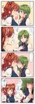  4koma blue_vest blush bow comic commentary food green_eyes green_hair hair_bobbles hair_ornament hand_on_own_chest highres juliet_sleeves kitsune_maru long_sleeves multiple_girls no_hat no_headwear onozuka_komachi pocky pocky_kiss puffy_short_sleeves puffy_sleeves red_bow red_eyes red_hair shared_food shiki_eiki short_sleeves touhou translated two_side_up vest yuri 