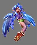  amano-g ankle_boots blue_hair boots feathered_wings feathers flat_chest full_body fusion grey_background harpy inkling monster_girl monster_musume_no_iru_nichijou papi_(monster_musume) pointy_ears shirt short_hair_with_long_locks short_shorts shorts solo splatoon_(series) symbol-shaped_pupils t-shirt wings 