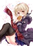  ahoge artoria_pendragon_(all) bangs black-framed_eyewear black_ribbon blonde_hair blue_skirt blush braid brown_eyes coat commentary dorayaki duffel_coat eating eyebrows_visible_through_hair fate/grand_order fate_(series) food french_braid glasses hair_ribbon holding holding_food legs_together looking_at_viewer mysterious_heroine_x_(alter) nogi_takayoshi open_clothes open_coat pancake plaid plaid_scarf pleated_skirt red_scarf ribbon scarf semi-rimless_eyewear sidelocks skirt solo thighhighs thighs under-rim_eyewear wagashi yellow_eyes 