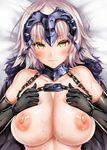  3: bangs black_gloves blush breasts chain clenched_teeth commentary_request elbow_gloves eyebrows_visible_through_hair fate/grand_order fate_(series) gloves grey_hair headpiece jeanne_d'arc_(alter)_(fate) jeanne_d'arc_(fate)_(all) large_breasts looking_at_viewer lying nipples on_back oni-noboru revision solo teeth topless yellow_eyes 
