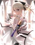  artoria_pendragon_(all) black_bow blonde_hair blurry blurry_background bow commentary cosplay detached_collar detached_sleeves dress excalibur fate/kaleid_liner_prisma_illya fate_(series) flat_chest gauntlets hair_bow highres holding holding_sword holding_weapon illyasviel_von_einzbern long_hair looking_at_viewer open_mouth petals pink_eyes ponytail saber_lily saber_lily_(cosplay) siraha solo sword weapon white_dress 