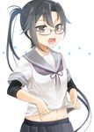  :d amagiri_(kantai_collection) black_skirt glasses grey-framed_eyewear grey_eyes grey_hair grey_sailor_collar kantai_collection long_hair open_mouth pleated_skirt ponytail sailor_collar school_uniform serafuku short_sleeves skirt smile solo very_long_hair white_background yunamaro 