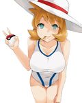  blush breasts cleavage collarbone commentary competition_swimsuit covered_navel cowboy_shot english_commentary food food_in_mouth green_eyes hat highres holding holding_poke_ball ice_cream j@ck kasumi_(pokemon) large_breasts leaning_forward looking_at_viewer one-piece_swimsuit orange_hair poke_ball poke_ball_(generic) pokemon pokemon_(game) pokemon_hgss popsicle_stick print_swimsuit short_hair smile solo sun_hat swimsuit thighs v white_hat white_swimsuit 