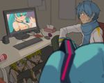  2girls artificial_vagina au_(autlaws) between_breasts blood blue_scarf blush breasts caught computer crossed_arms hatsune_miku hiding indoors kagamine_len kagamine_rin kaito knees_on_chest md5_mismatch monitor mouse_(computer) multiple_boys multiple_girls nipples nosebleed open_mouth pornography scarf short_hair sitting small_breasts sweatdrop tenga tissue_box vocaloid 