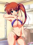  areolae armpits bandeau bare_shoulders black_panties blue_eyes breasts brown_hair covered_nipples curvy g-string johnny_(from_scratch) lace lace-trimmed_panties large_breasts lyrical_nanoha mahou_shoujo_lyrical_nanoha navel older panties ponytail shiny shiny_skin side_ponytail skindentation smile solo takamachi_nanoha thong underwear 