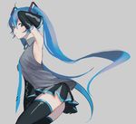  aqua_hair aqua_neckwear armpits bare_shoulders black_legwear black_skirt blue_eyes blush collared_shirt cowboy_shot detached_sleeves grey_background grey_shirt hair_between_eyes hand_up hatsune_miku long_hair looking_at_viewer looking_to_the_side necktie p2_(uxjzz) parted_lips pleated_skirt shirt simple_background skirt sleeveless sleeveless_shirt solo thighhighs twintails very_long_hair vocaloid 