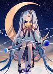  2017 absurdly_long_hair absurdres blue_eyes blue_hair bow character_name constellation crescent_moon detached_sleeves fingerless_gloves frown full_body gloves hair_bow hatsune_miku head_tilt highres holding long_hair moon mouth_hold night night_sky pigeon-toed planet sitting sky snowflakes solo star star_(sky) starry_sky sumery twintails very_long_hair vocaloid yuki_miku 