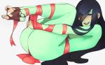  1girl ass barefoot black_hair blue_eyes blush bound chocolate feet green_skin hair_over_one_eye highres long_hair looking_at_viewer mole nina_(scathegrapes) nude open_mouth ribbon ribbon_bondage scathegrapes soles toes 