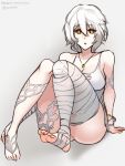  1girl bandage barefoot breasts cleavage feet jewelry looking_at_viewer necklace parted_lips scathegrapes soles toes white_hair yellow_eyes 