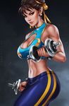  adapted_costume alternate_costume breasts chun-li cleavage cleavage_cutout commentary dandon_fuga double_bun dumbbell earrings exercise hair_ribbon highres jewelry large_breasts looking_at_viewer midriff navel pants ribbon sleeveless smile solo stomach street_fighter street_fighter_zero_(series) toned weightlifting weights yoga_pants 