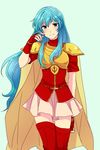  aqua_eyes aqua_hair armor blouse blue_background blush boots breastplate cape cowboy_shot eirika fingerless_gloves fire_emblem fire_emblem:_seima_no_kouseki gloves hair_between_eyes hand_in_hair highres looking_at_viewer miniskirt red_gloves red_legwear saichi_(meme+) sidelocks simple_background sketch skirt smile solo thigh_boots thighhighs turtleneck zettai_ryouiki 