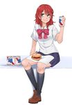  alcohol american_flag beer beer_can bow bowtie can eba_rin food full_body hamburger highres kimi_no_iru_machi kneehighs loafers mole mole_under_eye pabst_blue_ribbon red_hair shirt shoes short_sleeves sitting solo techsupportdog white_shirt 