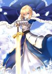  absurdres ahoge artoria_pendragon_(all) blonde_hair blue_dress braid breastplate closed_mouth day dress excalibur fate/grand_order fate/stay_night fate_(series) french_braid fur_trim gauntlets green_eyes hair_between_eyes highres looking_at_viewer md5_mismatch mirea outdoors petals planted_sword planted_weapon saber smile solo sword tsurime weapon 