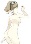  1girl ass beauty_(pokemon) breasts brown_hair edit glasses green_eyes looking_at_viewer looking_back npc_trainer nude nude_filter photoshop pokeball pokemon pokemon_(game) pokemon_xy short_hair solo souji sunglasses white_background 