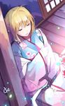  ahoge alternate_costume artoria_pendragon_(all) bangs blonde_hair closed_mouth commentary fate/stay_night fate_(series) floral_print ice_(ice_aptx) japanese_clothes kimono long_sleeves saber sitting sleeping sleeping_upright solo wide_sleeves 