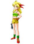  1girl absurdres bare_shoulders blonde_hair breasts brown_gloves cleavage closed_mouth curly_hair dragon_ball dragonball_z feet full_body gloves green_eyes green_socks gun hair_ribbon hand_on_hip highres holding holding_gun holding_weapon legs long_hair looking_at_viewer lunch_(dragon_ball) midriff ribbon serious short_shorts shorts simple_background sneakers socks solo standing tank_top thighs transparent_background wavy_hair weapon yellow_shorts 
